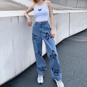 EL80HK Zomer vintage jeans vrouw lange broek cowboy vrouwelijke losse streetwear vlinderprint broek L zwart