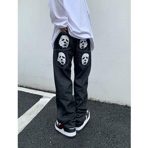 QW19MAC Europese en Amerikaanse high street hiphop losse allerlei soorten afdrukken Rechte jeans met wijde pijpen Y2K Retro Harajuku Jeans Unisex L zwart