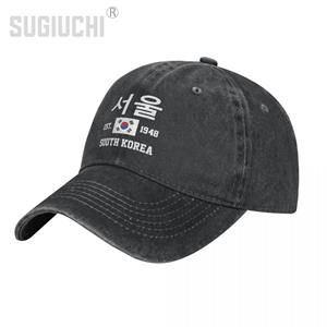 91530103MABXANBX49 Vlag van Zuid-Korea EST.1948 Seoul Unisex Volwassen Houtskool Gewassen Denim Baseball Cap Unisex Vintage Katoenen Papa Patriottische Trucker Hat One Size