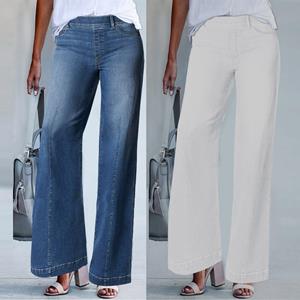 WQJ17EP Jeans met wijde pijpen aan de voorkant, elastische taille, stretchdenim, flare-jeans, hoog getailleerde Jean, Bell Bottom-jeans, verlengd L blauw
