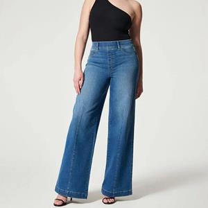 Secretworld Sexy Solid Wijde Pijpen Denim Jeans Vrouwen Office-dame Hoge Elastische Taille Jeans Herfst Winter Casual Broek Met Zakken 30095 L zwart