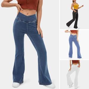 Mefalas Denim broek met hoge taille, iets slim fit, uitlopende jeans, zakken, gekruiste tailleband, denimbroek, streetwear 3XL blauw