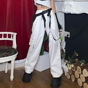 YUMI wardrobe Gothic Techwear Zwarte Cargo Broek Vrouwen Punk Keten Zakken Witte Wijde Pijpen Broek Vrouwelijke Harajuku Streetwear Mall Goth S zwart