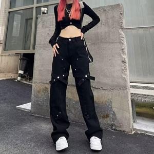 Fantastic wardrobe Vintage streetwear Y2k baggy jeans dames denim cargobroek dames hoge taille wijde pijpen jeans herfst S zwart