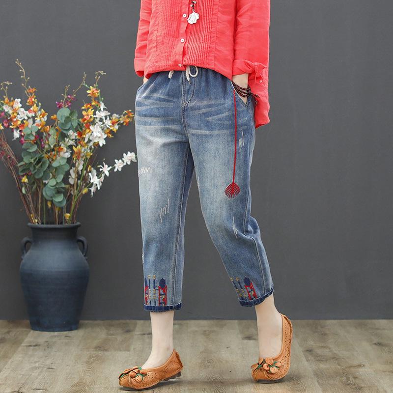 JOOCY Mode Herfst Dames Gescheurde Losse Jeans Vrouwen Casual Borduren Denim Broek Vintage Vrouwelijke Elastische Harembroek XXXL