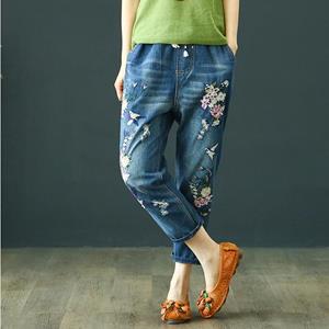QGOOD Herfst Dames Vintage Bloemen Losse Denim Broek Chinese Stijl Casual Gescheurde Blue Jeans Gaten Elastische Harembroek S blauw