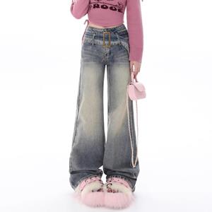 Zhanjie Ladies Clothing Blauwe Y2K Retro Baggy Uitlopende Jeans Vrouwen Hoge Taille Vintage Streetwear Denim Broek Rechte Wijde Pijpen Broek Koreaanse Stijl XS blauw