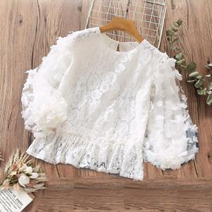 Tienermeisjes shirts kinderkleding witte kanten blouses voor meisjes lente schattige baby kinderkleding tops 160