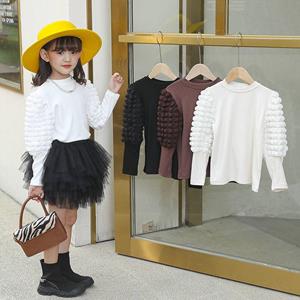 Meisjes dieptepunt shirt nieuwe lange mouwen tees kind meisje bladerdeeg mouw T-shirt lente herfst kinderen ronde kraag tops 2T(90) zwart