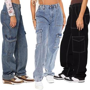 Xingben Two Dames rechte losse broek met wijde pijpen, cargo jeans met meerdere zakken, casual jeans voor dames L zwart