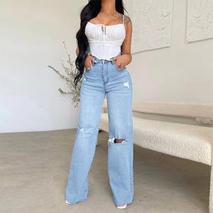 Omena Gerafelde, comfortabele jeans met wijde pijpen met hoge taille S blauw