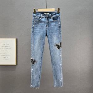 EL80HK Lente/Zomer Vintage Hoge Taille Veelzijdige Loose Iron Diamond Slim Jeans L blauw