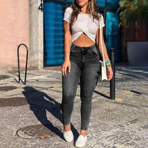 Delicate-Y Damesmode skinny slim fit cargo jeans casual hoge taille denim lange broek L zwart
