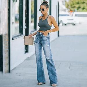 Delicate-Y Stretch-verwassen denimbroek voor dames met wijde pijpen S blauw