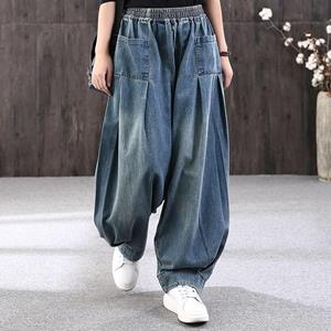 KM83CG Herfst en winter nieuwe losse grote jeans dames RETRO Art Floor Mop Casual broek L blauw