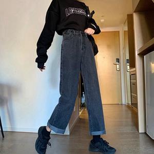 EL80HK Lente Herfst Dames Jeans Broek Met Hoge Taille Afslankende All-match Losse Casual Wijde Pijpen Denim Rechte Broek Plus Size 2XL zwart