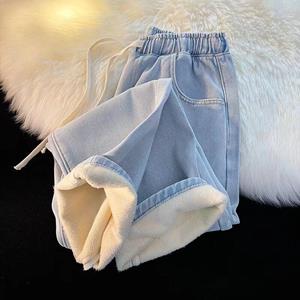 WQJ17EP Dikke warme fluwelen gevoerde wijde pijpen jeans mode hoge taille wassen nieuwe vaqueros herfst winter klassieke sneeuwkleding dames denim broek 2XL zwart