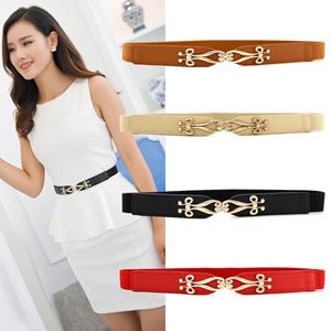 R&N Fashion 2 Gouden gesp dunne riemen voor vrouwen Vintage lente zomer elastische taille riem mode jurk decoratieve tailleband beige