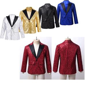 RUNQHUI Kinderen Jongens Glanzende Pailletten Revers Blazers Smoking Jasje Banket Bruiloft Dansshow Sprankelende Blazer 7-8 Years zwart