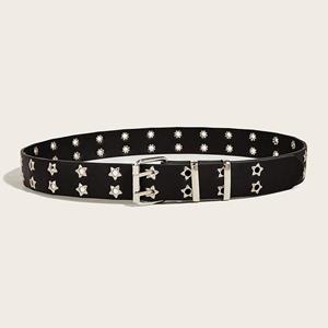 Punk stijl ster dubbele rij knopen riem tailleband uitgehold lederen jeans decor zwart