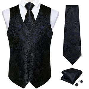 DiBanGu Mens Trendy Heren bruiloft zwart mode paisley pak vest, gilet stropdas en pochet manchetknopen S