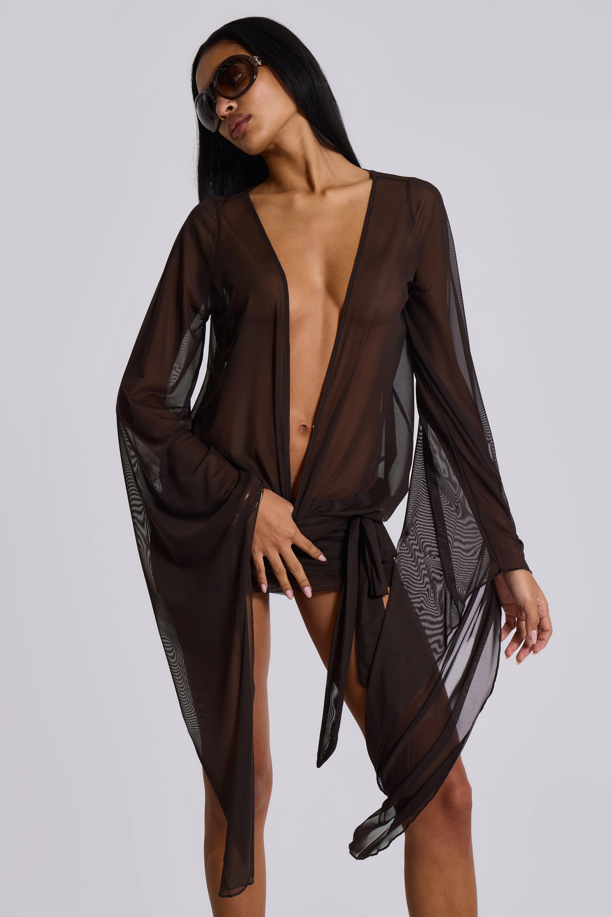 Jaded London Aria Mesh Plunge Mini Dress in Brown