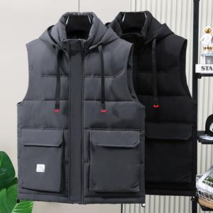 Smiao Plus Size Mouwloze Parka's Mannen Nieuwe Mode Heren Winterjas Koreaanse Stijl Dikke Warme Capuchon Vest met Grote Zakken L zwart