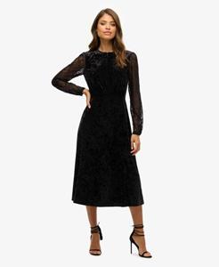 Superdry Vrouwen Fluwelen Midi-jurk met Kanten Mouwen Zwart