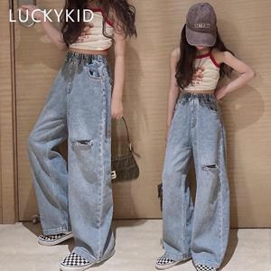 G.DUCK KIDS Meisjes Lange Jeans Blauwe Gescheurde Wijde Pijpen Jeans voor Kinderen Mode All-match Hoge Taille Broeken 12 13 14 Jaar Tiener Kinderen 120