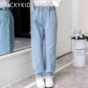 G.DUCK KIDS Casual tiener blauwe jeans losse slim fit broek lente herfst kinderen denim meisjes broek broek 160 hemelsblauwe kleur