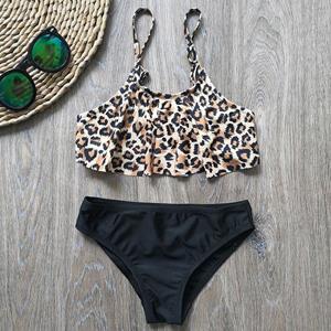 Fox Swimwear 6-14 jaar Meisjesbadpak Kinderen Badmode Luipaard Tienermeisjesbikini Set Falbala Tweedelig Kinderbadmode Meisjesbadpak 6 zwart