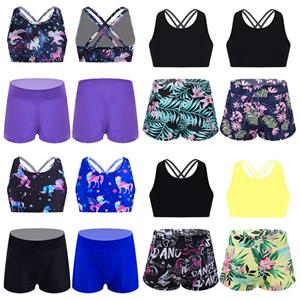 IEFiEL 2 stuks kinderen meisjes tankini badpakken bloemen bedrukt sportpak gekruiste bandjes tank crop top en shorts set badmode strand badpakken 7-8 Years zwart/groen