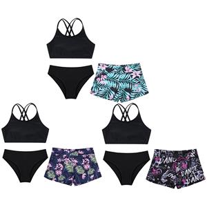 Fldy 3-delige kindermeisjes badmode mouwloze crop top met bandjes en bedrukte shorts en slips voor zwemmen in het strandzwembad 7-8 Years groen/zwart
