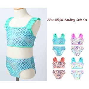 IEFiEL 2 Kinderen Meisjes 2 STKS Tankini Verstoorde Schouderbanden Gedrukt Crop Top met Bodems Hawaii Set Bikini Badmode 3-4 Years groen