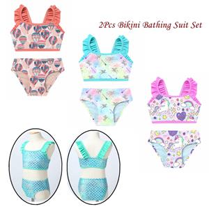 IEFiEL Kinderen Meisjes 2 STKS Tankini Verstoorde Schouderbanden Gedrukt Crop Top met Bodems Hawaii Set Bikini Badmode 3-4 Years groen