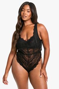 Boohoo Plus One Piece Met Veters En Kanten Lijfje, Black