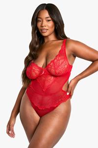 Boohoo Plus Kanten One Piece Met Laag Decolleté, Red