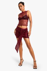 Boohoo Gedrapeerd Mini Rokje Met Pailletten, Malbec