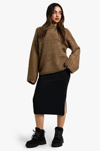 Boohoo Geribbelde Midi Rok Met Zijsplit, Black