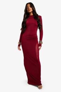 Boohoo Strakke Mesh Maxi Jurk Met Lange Mouwen, Plum