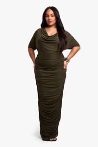 Boohoo Plus Geplooide Midaxi Jurk Met Waterval Hals, Olive