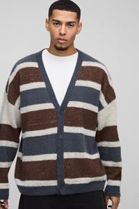 Boohoo Oversized Geborstelde Gestreepte Gebreide Drop Shoulder Cardigan, Blue