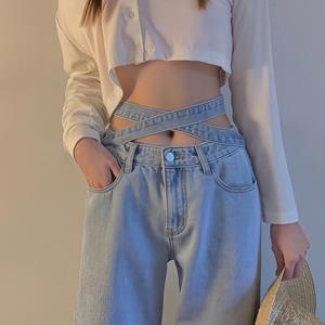Zhanjie Ladies Clothing Koreaanse versie van de retro kleine taille lichtblauwe jeans dames stropdas hoge taille losse casual wijde pijpen denim broek dames S lichtblauwe kleur