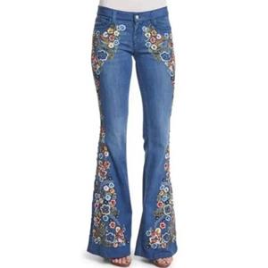 Best do it Mode Pocket Knoop Geborduurde Broek Casual Mid-taille Lichtblauwe Jeans High Street Slanke Flare Broek Pantalones Mujer 30201 XS donkerblauwe kleur