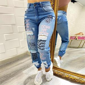 Mille Lente dames casual gescheurde jeans leggingbroek met letterprint L blauw