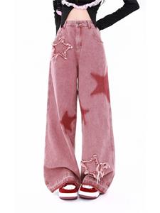 Diana Fashion Clothes Amerikaanse retro sterpatroon jeansbroek dames ruwe rand splitsen vintage wijde pijpen broek vrouwelijke losse trendy all-match dweilbroek S roze
