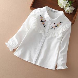 Kuyeebear Meisjes Shirt Blouses Kinderen Lente Herfst Koreaanse Mode Kinderen Lange Mouwen Katoen Bloemen Borduurwerk Kant Zoete Top Kleding 120 wit