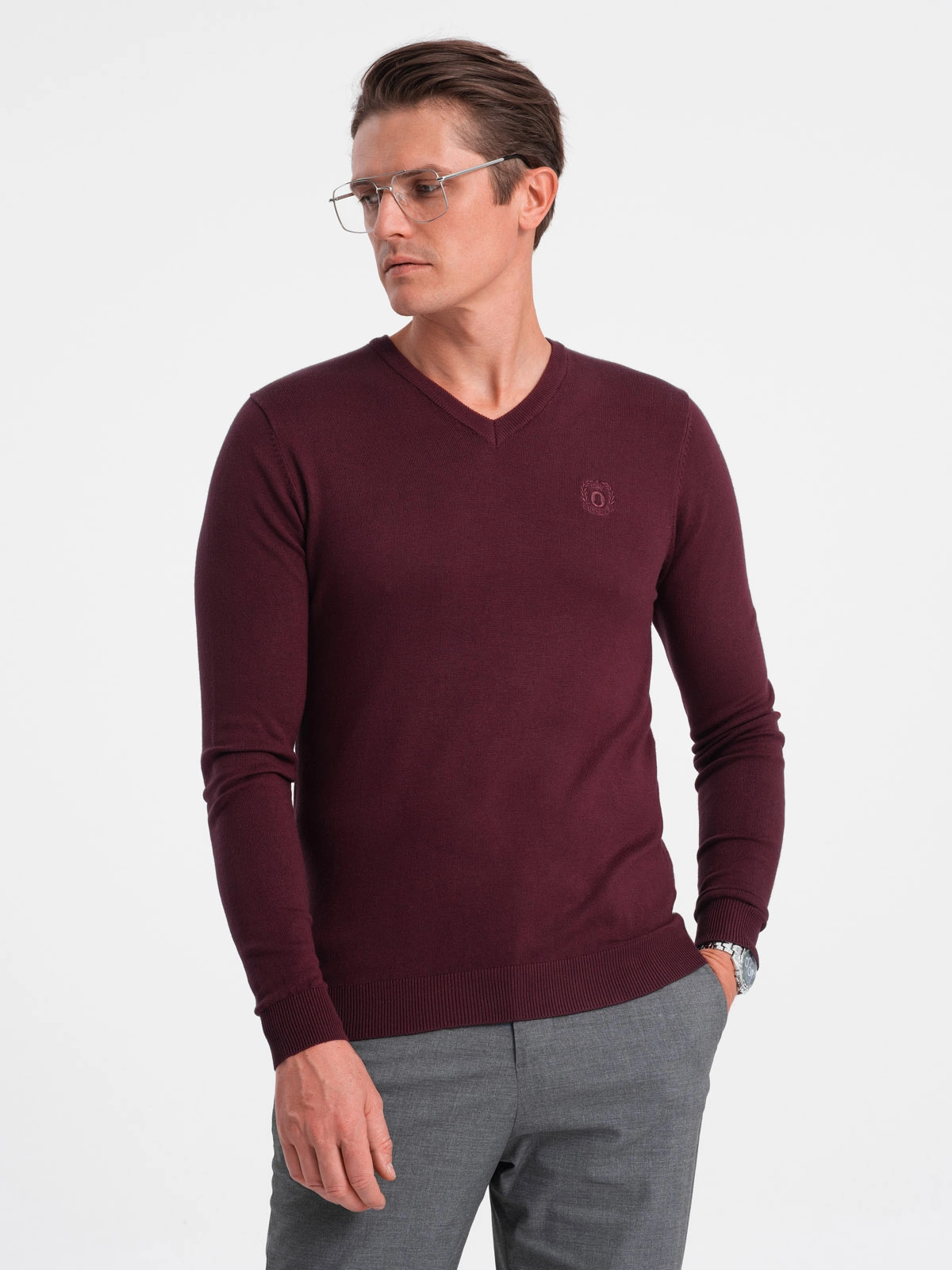 Ombre - Heren V-Hals Sweater - Ribgebreide Boorden - Bordeaux - Italianstyle