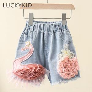 YOUULAR Meisjes denim shorts zomer tiener kinderen nieuwe Koreaanse schattige kant zwaan meisjes elastische taille korte jeans kinderkleding 110 blauw