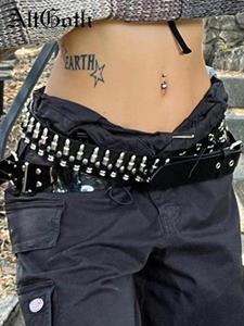AltGoth Cyberpunk Harajuku Pu Riem Vrouwen Streetwear Mall Gothic Y2k Klinknagel Bullet Metalen Gesp Lederen Riem Emo Alt Grunge Riem Black zwart